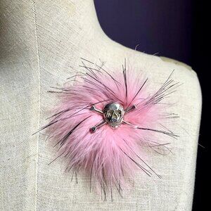 Pink Plume Marabou Feather Skull Brooch Pin Rhinestone Hat Purse